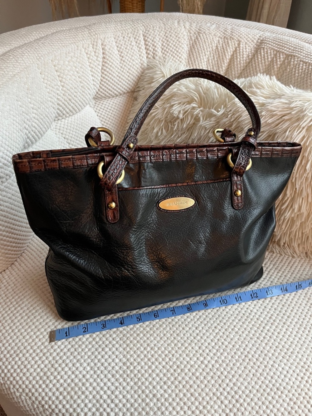 Brahmin Arno Tuscan Tote - Black Leather Tote w/ Brown Croc Trim - Picture 8 of 16
